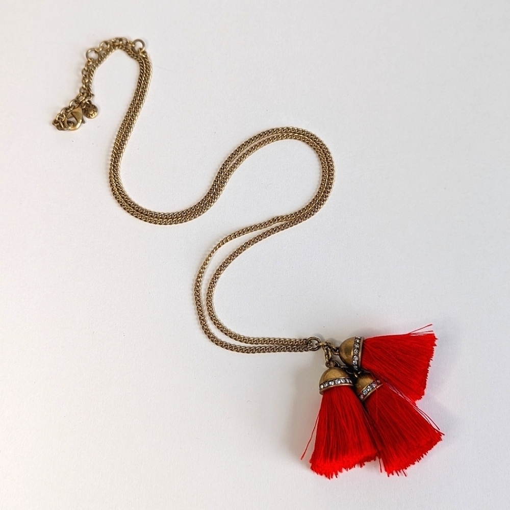 J. Crew Necklace Gold Tone Chain 3 Domed Red Tassel Pendants Crystal Rhinestones